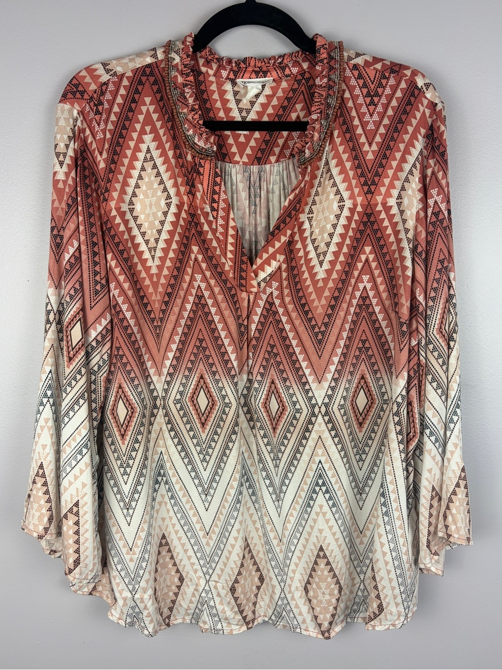 Tribal Jeans XL Coral Geometric Beaded Boho Tunic Top